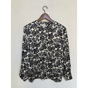 Vintage Anne Klein 100% silk blouse black white size M long sleeve floral